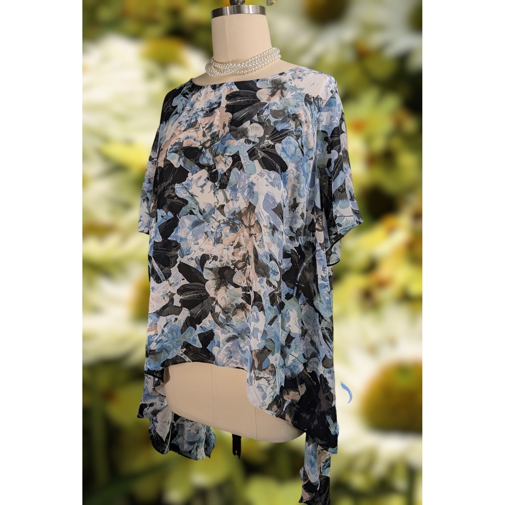 Jennifer Lopez Womens 2X Blue Floral Chiffon High-Low Blouse Short Sleeve Top
